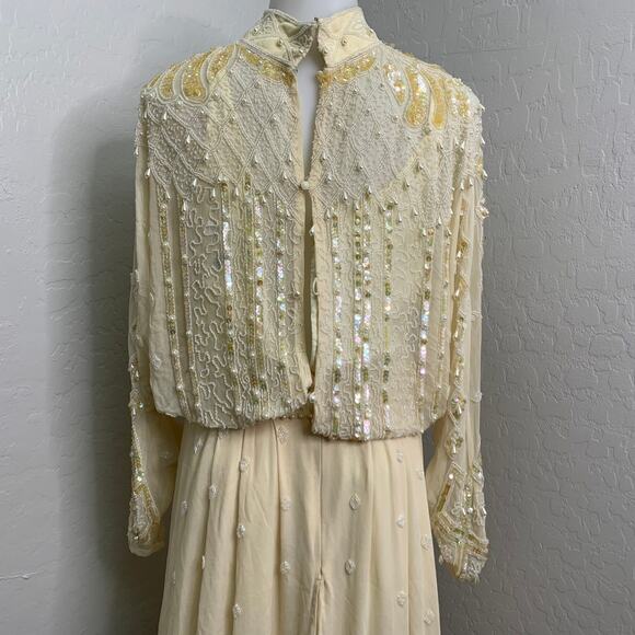 VTG Oleg Cassini Edwardian Silk Dress Wedding Ball Gown Glass Beaded Victorian - Picture 4 of 16